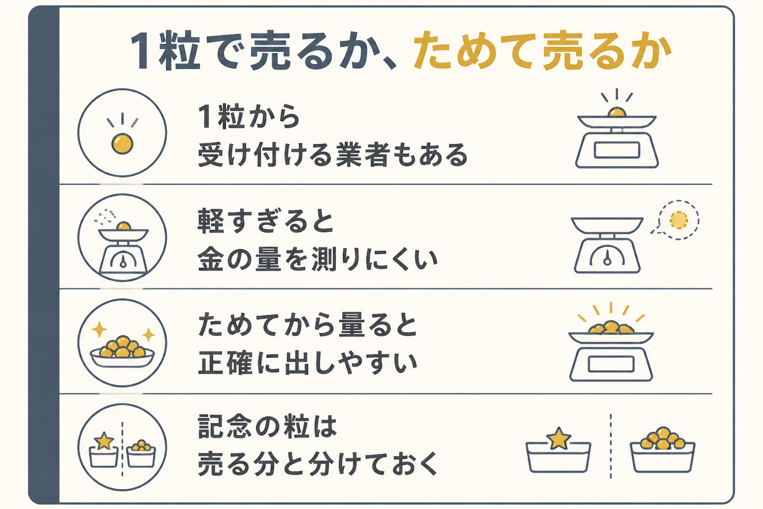 砂金を1粒で売るかためて売るかの判断の図解