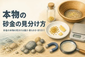 砂金の本物の見分け方を説明する記事のアイキャッチ