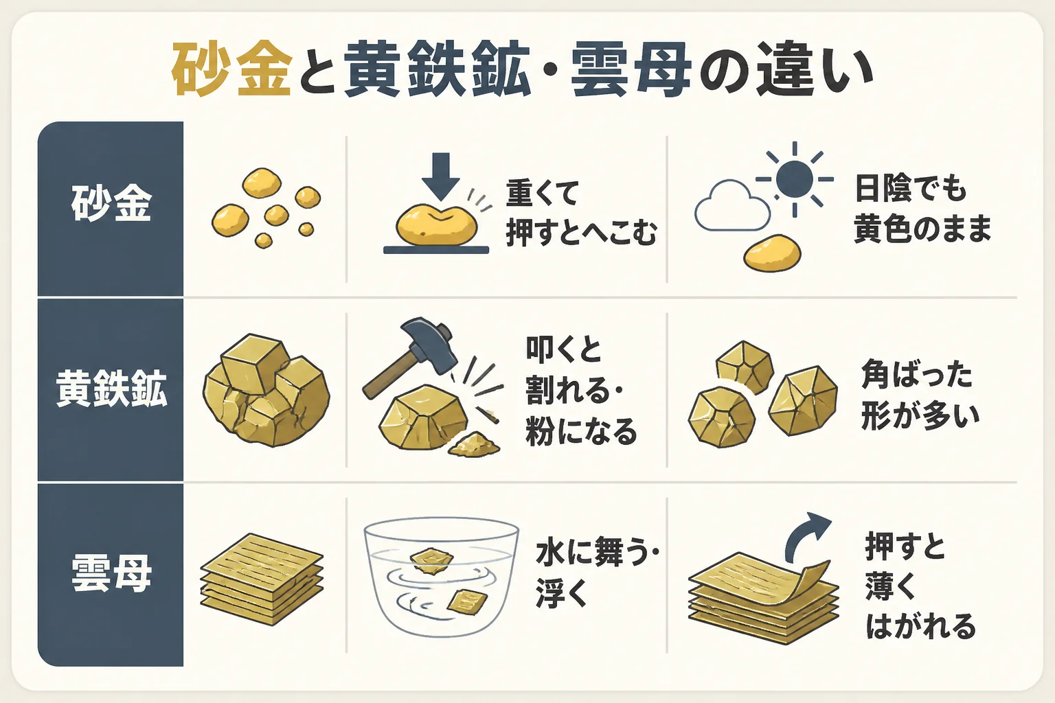砂金と黄鉄鉱・雲母の見分け方を比べた図解