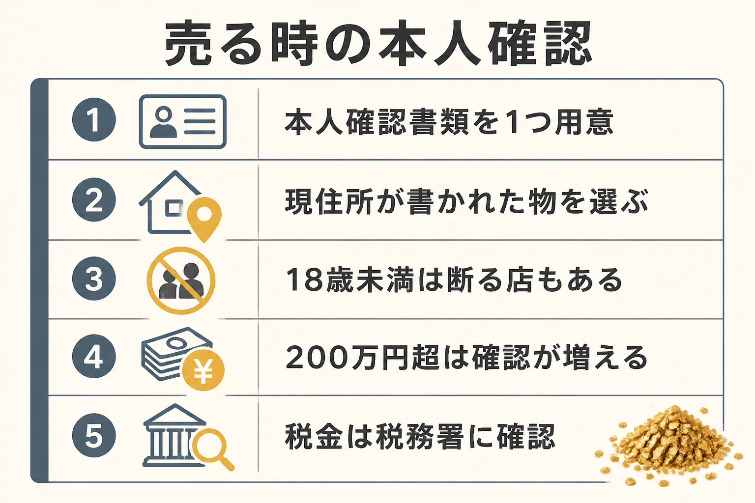 砂金を売る時の本人確認と高額取引の図解