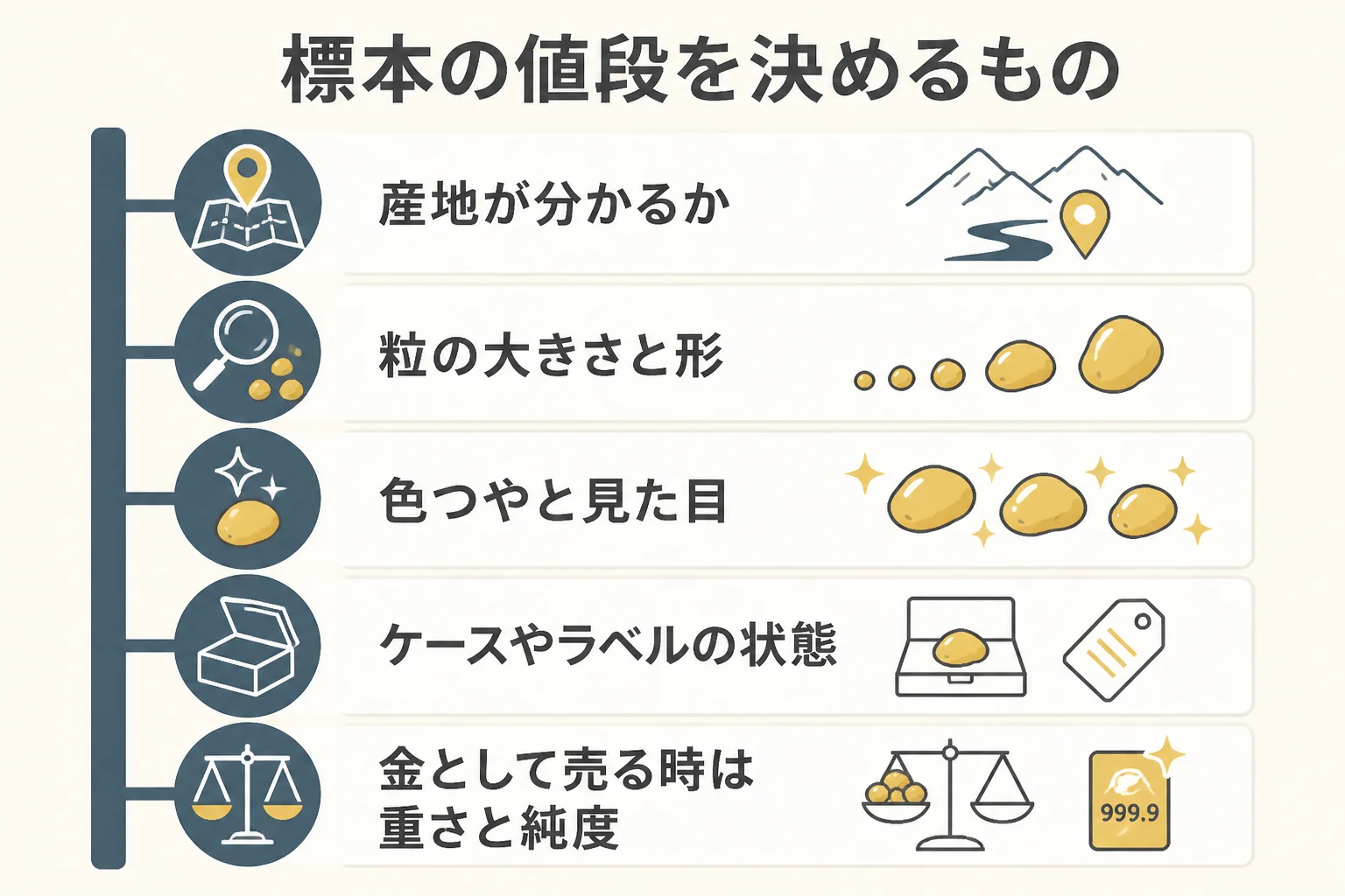 砂金の標本の値段を決めるポイントを示した図解