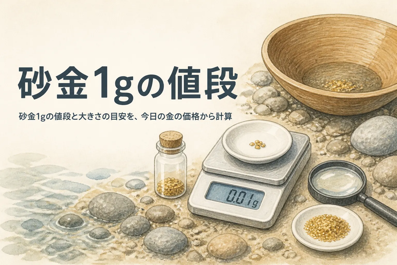 はかりにのった少量の砂金を描いた、砂金1gの値段と大きさを解説する記事のアイキャッチ