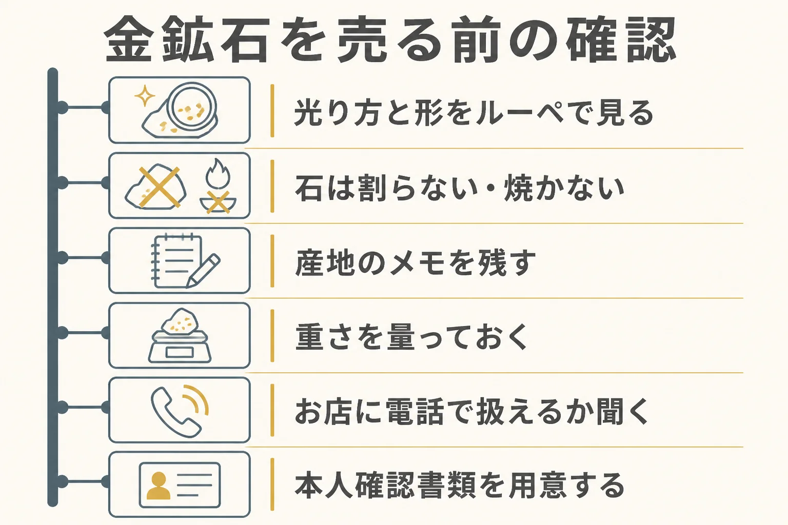 金鉱石を売る前に確かめることを示した図解