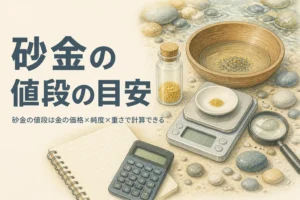 小瓶の砂金とはかりと電卓を描いた、砂金の値段の目安を計算する記事のアイキャッチ