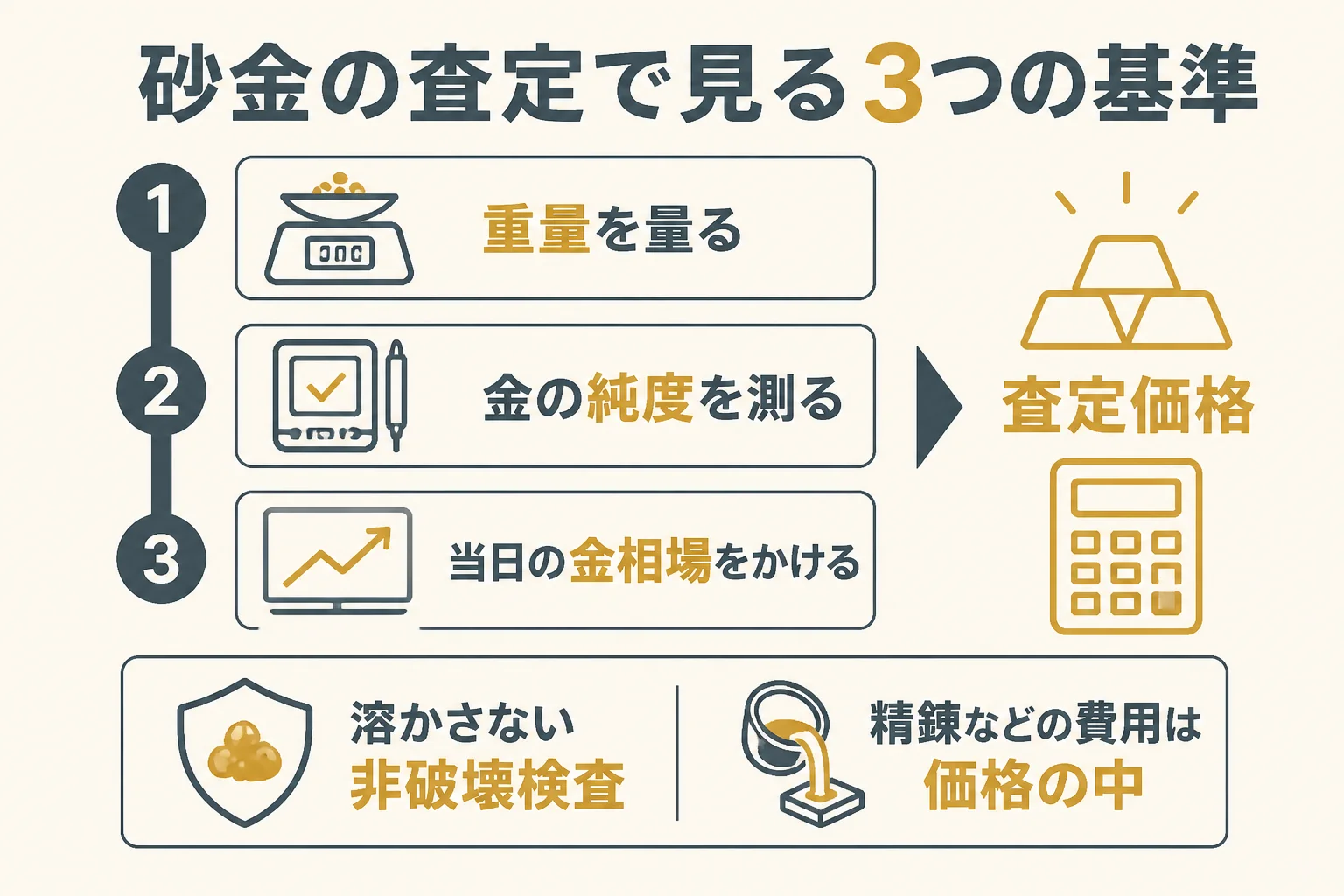 おたからやの砂金の査定で見られる3つの基準を示した図解