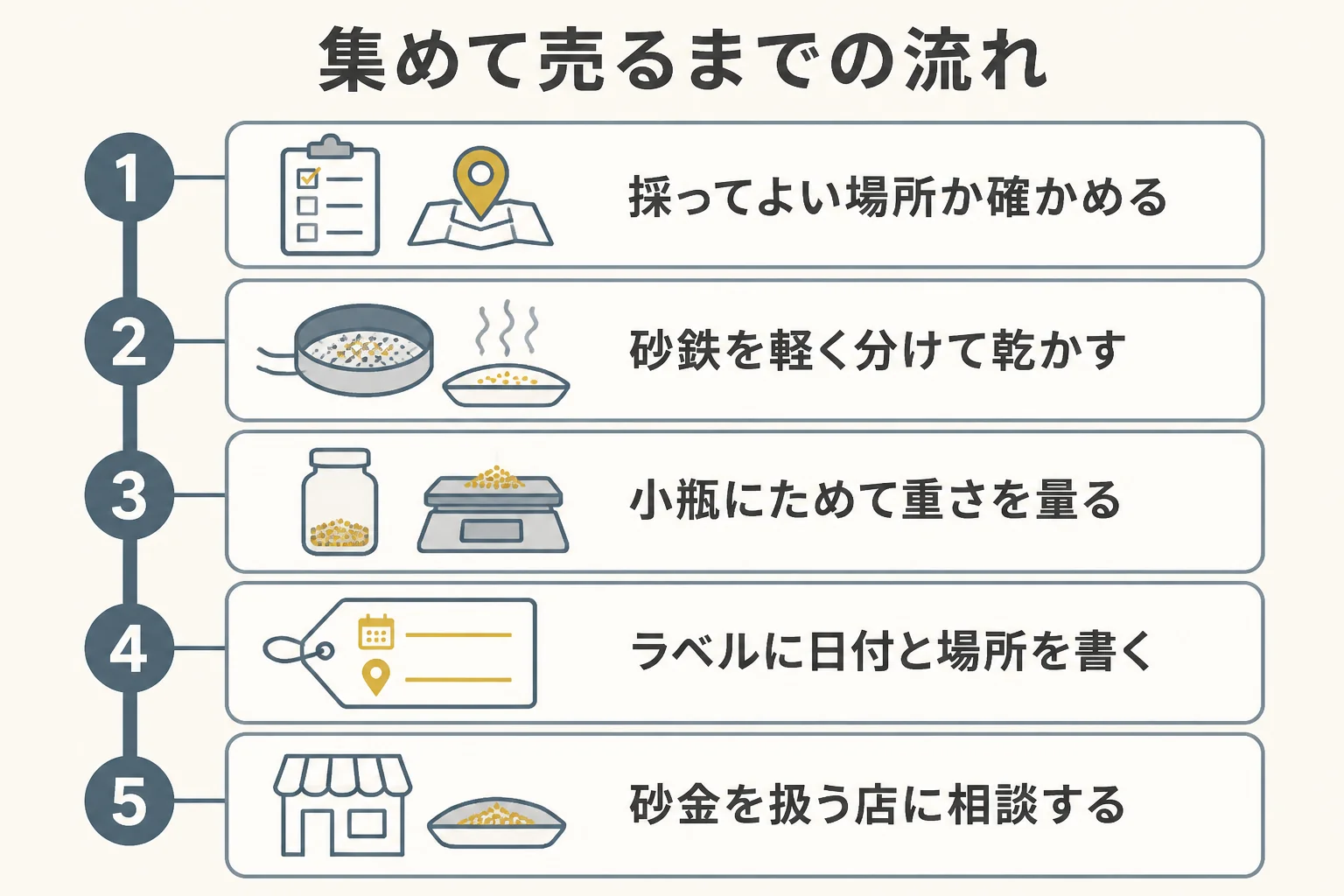 集めた砂金をためて量り売るまでの流れの図解