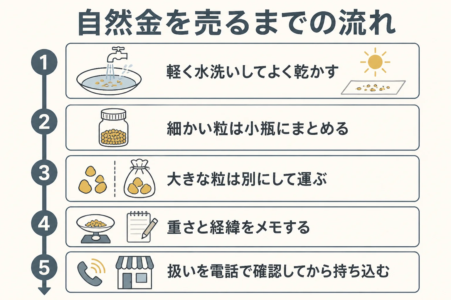 自然金を売るまでの準備と売り先の選び方を示した図解