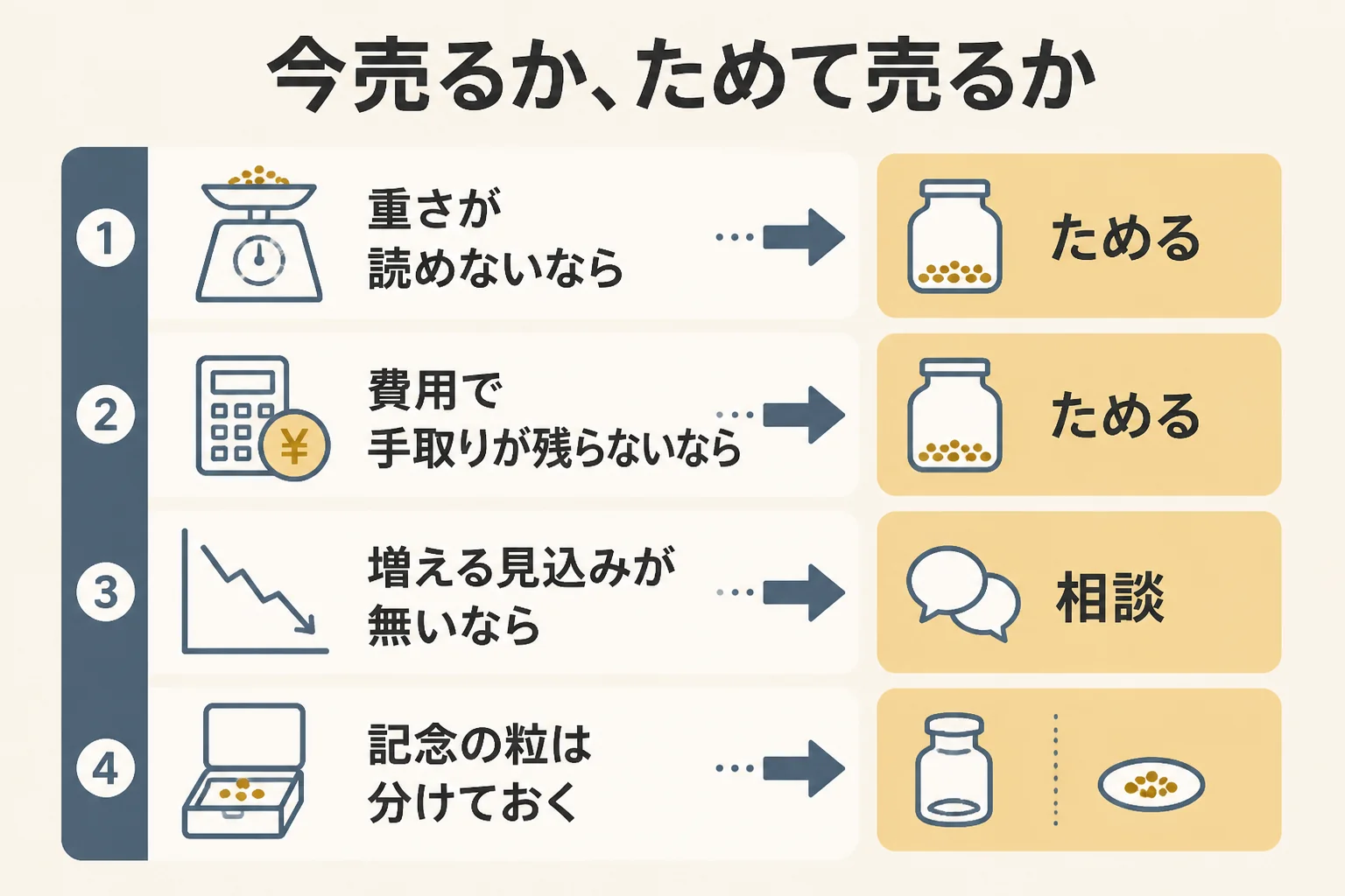 少量の砂金を今売るかためて売るかの判断の図解