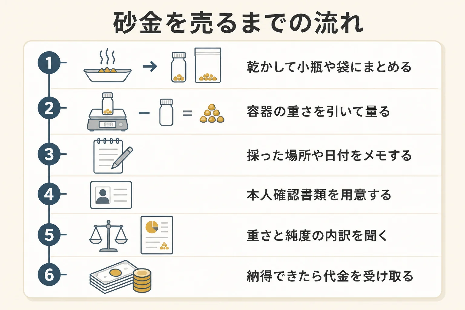 砂金を売るまでの6つのステップを示した図解
