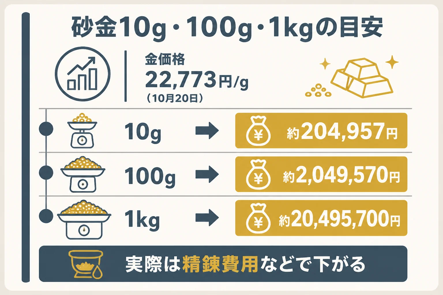 砂金10g・100g・1kgの値段の目安の図解