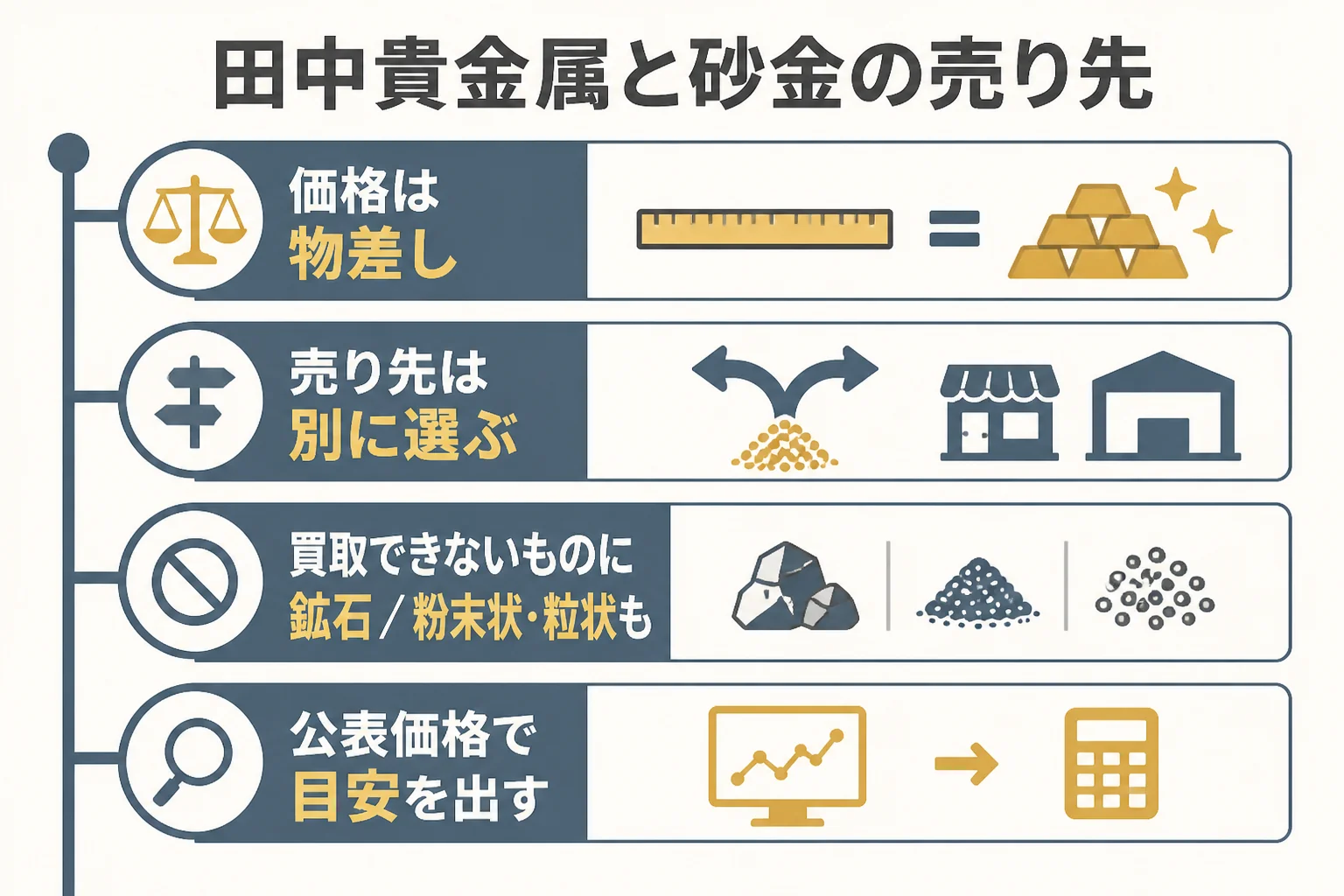 田中貴金属を物差しにして砂金の売り先を選ぶ流れを示した図解