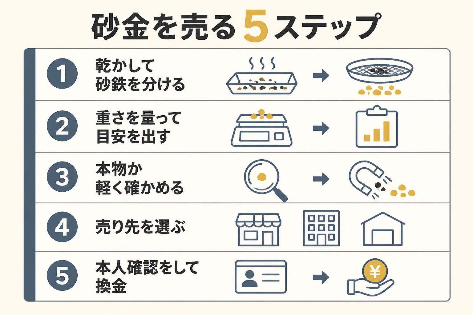 砂金を売る方法の5ステップを示した図解